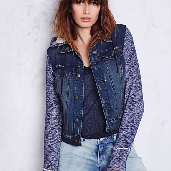 Free People Jackets & Blazers - Free People Jacket - Hooded Distressed Denim & Knit